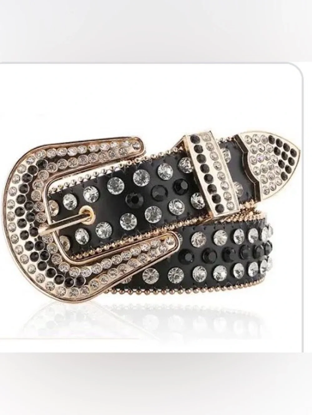 Women's Black Crystal-gold hardware Embellished western Chain-Trim Belt